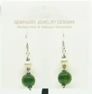 Sterling Silver Natural NEPHRITE JADE & PEARL Dangle Earrings...Handmade USA