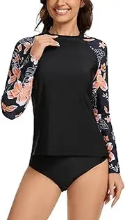 [ATTIQOZI] Women's Long Sleeves Rash Guard Swimsuits Swim Shirts UPF 50 Sun Protection Two Piece Swimsuits with Built in Bra