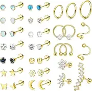 [HAIAISO] 40Pcs Surgical Steel Cartilage Stud Earrings Set for Women Men CZ Opal Stud Hoop Earrings Helix Conch Daith Earrings Piercing 20G Screw Flat Back Earrings Jewelry