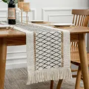 Table Runner Linear End, Boho Style with Tassels, Cotton & 12x90inch, Black