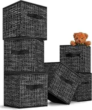 [MYTHAUS] Foldable Storage Cube Bins Organizer - Cube Storage Bin,Decorative Cube Storage Organizer,Storage Basket Dual Handles ,11X11 Closet Organizer,for Clothes/Toy/Sundries 6 Pack(Black Grid)
