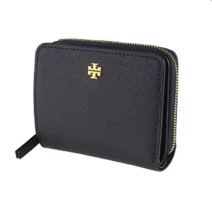 【TORY BURCH】Emerson 金屬TB LOGO雙折扣式皮夾短夾零錢包 黑色(147606-001)