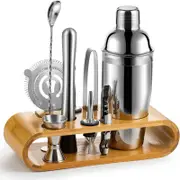 10-Piece Stainless Steel Bartender Kit with Stylish Bamboo Stand (Silver)