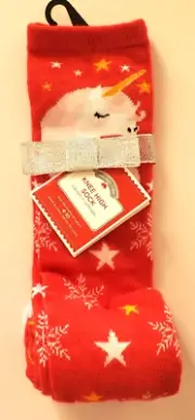 Holiday Time Knee High Socks Women sz 4-10 Red White Unicorn Stars Snowflakes