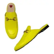 NIB Gucci Princetown Neon Yellow Leather Horsebit Flat Loafer Mules Size 35