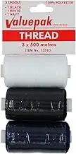 Sullivans Valuepak Polyester Thread 3 Spools, 500 Meter Length, White/Black/Natural