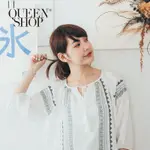 QUEENSHOP【01120131】民族繡花領口綁結七分袖棉麻上衣＊預購＊