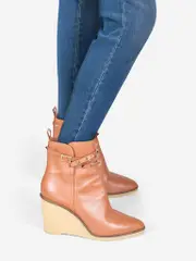 Brown Leather Studded Ankle Wedge Boots