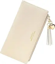 [Valentoria] Womens Wallet Cute Elegant Long Slim Card Holder Case Minimalist Coin Purse Thin Tassels Zip Clutch Wallets for Girls Ladies, Beige, L