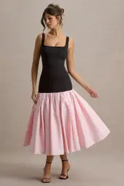 Parida | Black & Pink Poplin Drop-Waist Midi Dress With Peplum Hem