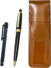 Slim Cowhide Leather Pen Case Brown Metal Touch Stick Blue and Neo D-600 Ballpoint Pen Set Black ASC-ALL-600B-B