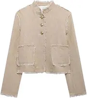 [Generic] Women's Round Neck Single Breasted Fringed Patchwork Design Long Sleeved Jacket Solid Color Casual Short Sleeved Coat