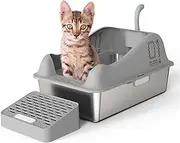 Extra Large Stainless Steel Cat Litter Box, 60Lx40Wx31H 32L Litter Box for Big Cats, Footboard, Cat Tail Shaped Scoop, High Sided Enclosure, Anti-Leakage, Non-Sticky, Easy Cleaning