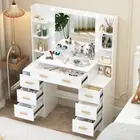7-Drawer 6-Shelf Dressing Table with Dimmable LED Mirror, Modern Bedroom Dresser