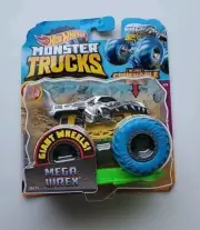 Hot Wheels Monster Trucks Mega-Wrex Silver Yellow Giant Wheels Crushable Car NEW