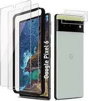[2+2 Pack]2 Pack Tempered Glass for Google Pixel 6 Screen Protector[6.4 Inch] + 2 Pack Camera Lens Protector, [Easy Installation with Alignment][Fingerprint Unlock][Anti-Scratch][Work with Case]