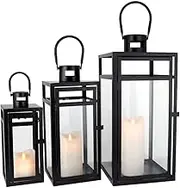 TRIROCKS Set of 3 Metal Candle Lantern 48&38&30 cm High Metal Candle Holder withTempered Glass Panels Perfect for Home Decor Living Room Parties Events Tabletop Indoors Outdoors（Black）