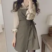 Plain Shirt / Wrap Mini Overall Dress Dress - Dark Khaki - S