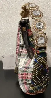 Kurt Geiger Small Octavia Moonbag Oversized Crystals Tartan Fabric 8.5"x3"x5"
