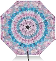 [PDZRMY] UV Protection Travel Umbrella Blue Mandala Floral Compact for Rain and Sun - Auto Open and Close UPF 50+ Windproof Portable 46” Sun Umbrella for Women and Men