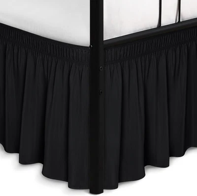 Wrap around Bed Skirts with Split Corners for King Beds 15" Drop, Black Adjustab