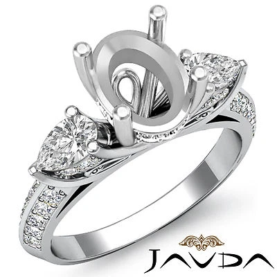 3 Stone Pear Oval Diamond Wedding Antique Ring Semi Mount 14k White Gold 1.21Ct