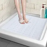 Square Shower Mat Non Slip Anti Mould - 53 x 53cm/21 x 21inch Anti Slip Shower Mat with Suction Cup, Antibacterial Rubber Bathtub Mat with Drain Holes, Machine Washable (Transparent)
