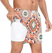 [GuoChe] Mens Swim Shorts Mens 2 in 1 Workout Running Shorts Folk Art Geometry with Compression Liner and Pockets Sport