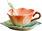 WAYUTO 3D Ceramic Coffee Mug and Saucer Set with Spoon Flower Leaf Coffee Mug Tea Cup with Decorative Handle Vintage Floral Drinking Cups Unique Gifts for Birthday Wedding Christmas 6oz Pink