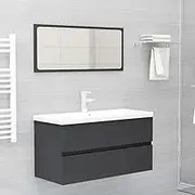 Grey Bathroom Furniture Set with Basin, Sink Cabinet, Mirror - Engineered Wood Home Decor, Modern Vanity, Floating Storage Solution, Accessories Included