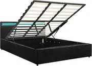 OIKITURE Bed Frame Gas Lift Base with 16-Colour LED Lighting, Wooden Bed Frame Platform with PU Leather Headboard, Extra Storage Space, Capacity 300KG, Easy Assembly, 208x183x89CM, Black