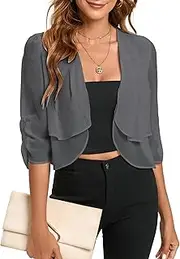 [Famulily] Womens Summer Soft Chiffon Shrugs Shawl Ruched Cropped Blazer Cardigan Tops Half Sleeve Thin Bolero Cardigans UK