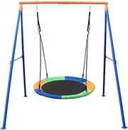 LEJUMP 440lbs Swing Set for Backyard, 40" Saucer Swing with Heavy Duty A-Frame Metal Swing Stand & Adjustable Rope, Outdoor Play Equipment for Kids & Adults