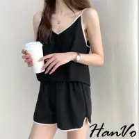 在飛比找momo購物網優惠-【HanVo】現貨 冰絲緞面v領睡衣套裝(薄款成套睡衣睡褲 