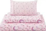 Viviland 3 Pieces Girls Pink Twin Sheet Set - Soft Microfiber Fitted Flat Sheets & Pillowcase - Heart Rainbow Printed Bedding Sets - for Kids & Toddlers