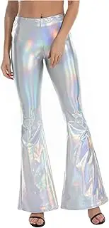 [Pitauce] Womens Shiny Metallic Bootcut Palazzo Leggings Vintage 70s Cowgirl High Waist Bell Bottom Disco Dance Wide Leg Pants