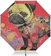 [PDZRMY] Pug Red Abstract UV Protection Travel Umbrella Compact for Rain and Sun - Auto Open and Close UPF 50+ Windproof Portable 46” Sun Umbrella for Women and Men