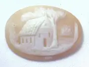 NOS Antique Hand Carved Oval Shell CAMEO Stone House & Tree Scene #N443