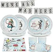 Talking Tables Alice in Wonderland Party Decorations & Tableware for 16 Guests | Mad Hatter Double Sided Bunting ,Paper Plates, Napkins, Cups, Table Cover for Birthday, Afternoon Tea Baby Shower, By
