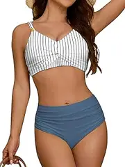 [swimall] Womens High Waisted Bikini Sets Modest Tummy Control Swimsuits Metal Twist Full Coverage Bathing Suit, Stripe Blue, Small