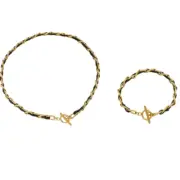 Luxury 18K Gold Plated Necklace & Bracelet Set, 40cm/18cm, Titanium Leather Rope