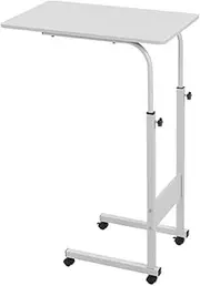 Side Table, C Shaped Table with Wheels, Industrial Side Table for Living Room Bedroom, Adjustable Height, Mobile Computer Desk Laptop Table for Home Use (White)