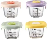 Baby Food Containers 4Pcs 230ml Round & Square Non Toxic Glass Baby Food Jars with Silicone Lid & Scale -20-400℃ Resistant Microwavable Storage Containers
