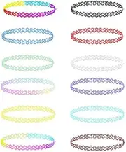 [DACUAN] Tattoo Choker Necklace Set 12PC - 90s Accessories Old School 2000s Jewelry - Stretchy Black Collar - One Size Women Teen Girl(Multiple colors