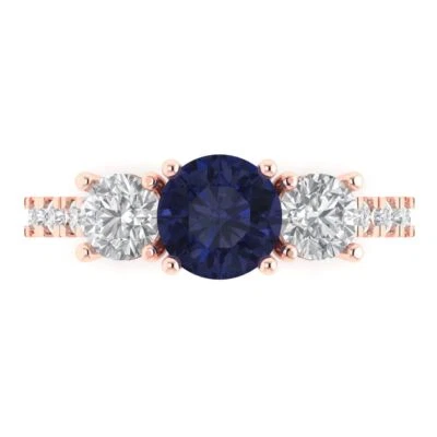 2 ct Round Cut Sapphire Gemstone Three-Stone Promise Ring with Accents Rose Gold