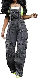 [Vaceky] Women's Bib Denim Overalls Elastic Waist Straight Leg Y2K Cargo Jeans Summer Jumpsuit with Pockets