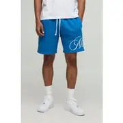 Mens Blue Relaxed Mid Length M Script Shorts