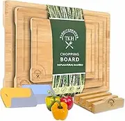 Premium Bamboo Cutting Board Set with Stand, Meal Prep Wooden Cutting Boards, Chopping Board with Juice Groove, Perfect for Meat & Vegetables Cheese Board