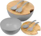 Large Salad and Serving Bowl with Bamboo Wood Lid and Servers 8Pc Set - 11.5" an