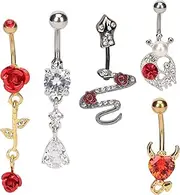 [TEUOPIOE] Belly Rings for Women Dangle Belly Button Rings 5pcs Belly Button Rings Stylish Shiny Rhinestone Stainless Steel Belly Button Piercing Jewelry for Piercing